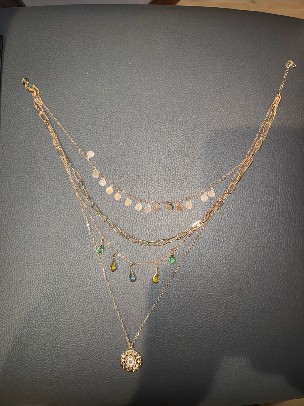 Layered Gold Multi-Drop Pendant Necklace with Colored Teardrops